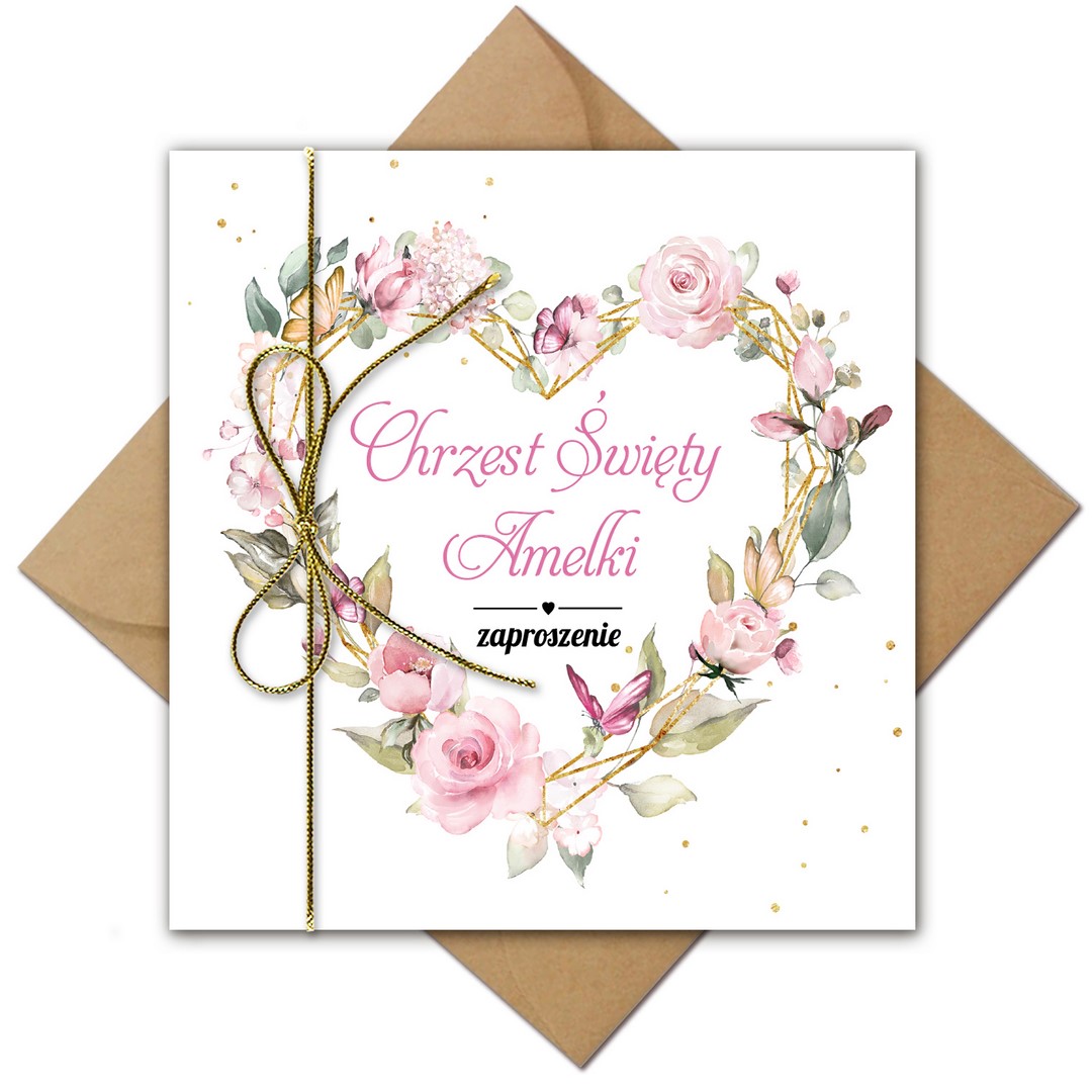 zaproszenia-na-chrzest-serce-kwiaty-motylki-boho (6) Zaproszenia na Chrzest Serce ze złotym sznurkiem i kopertą eko - obrazek 1