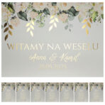 Karty A4 z usadzeniem gości złocone liście z kwiatami 8szt