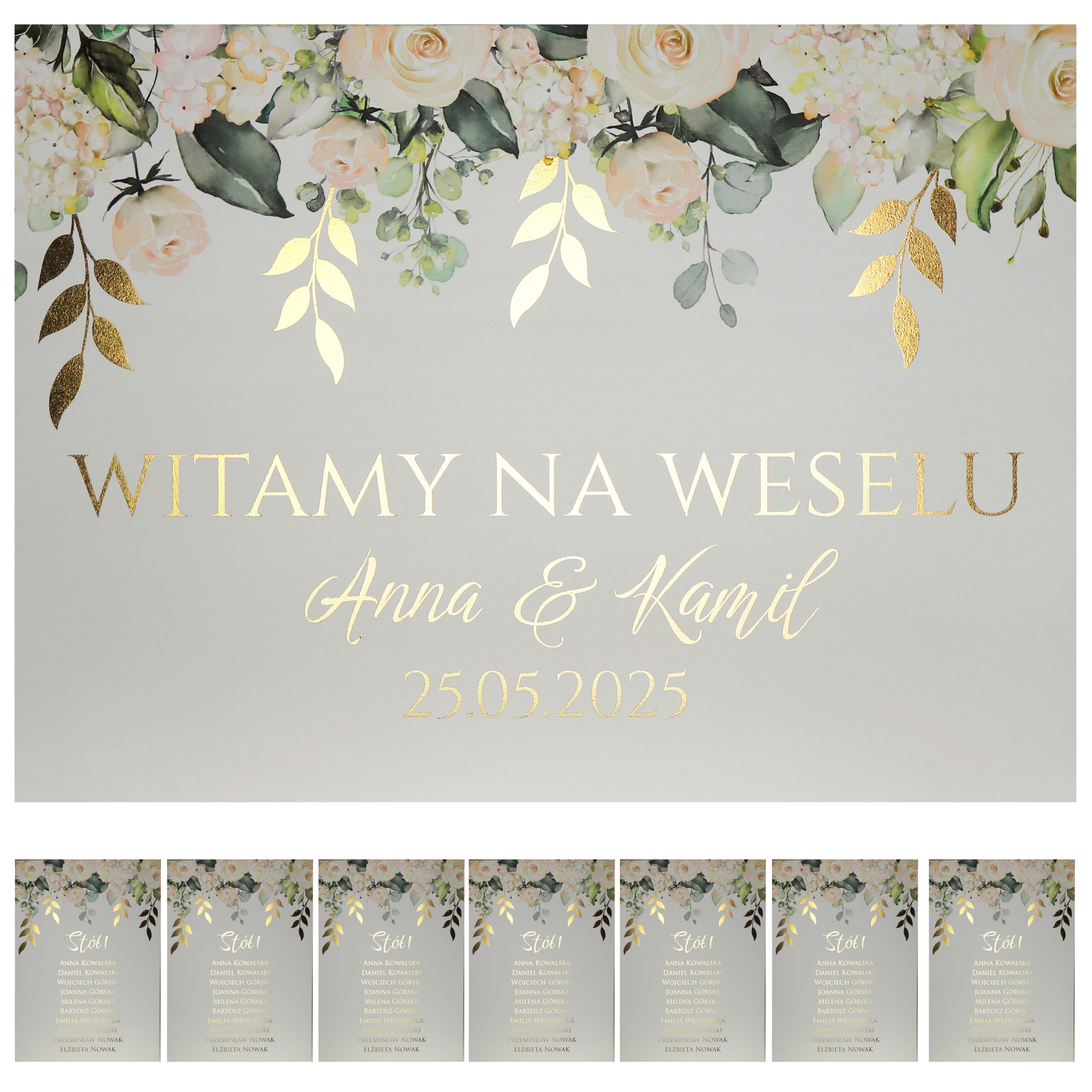 KARTA_wzór-nr-1_POP Karty A4 z usadzeniem gości złocone liście z kwiatami 8szt - obrazek 1