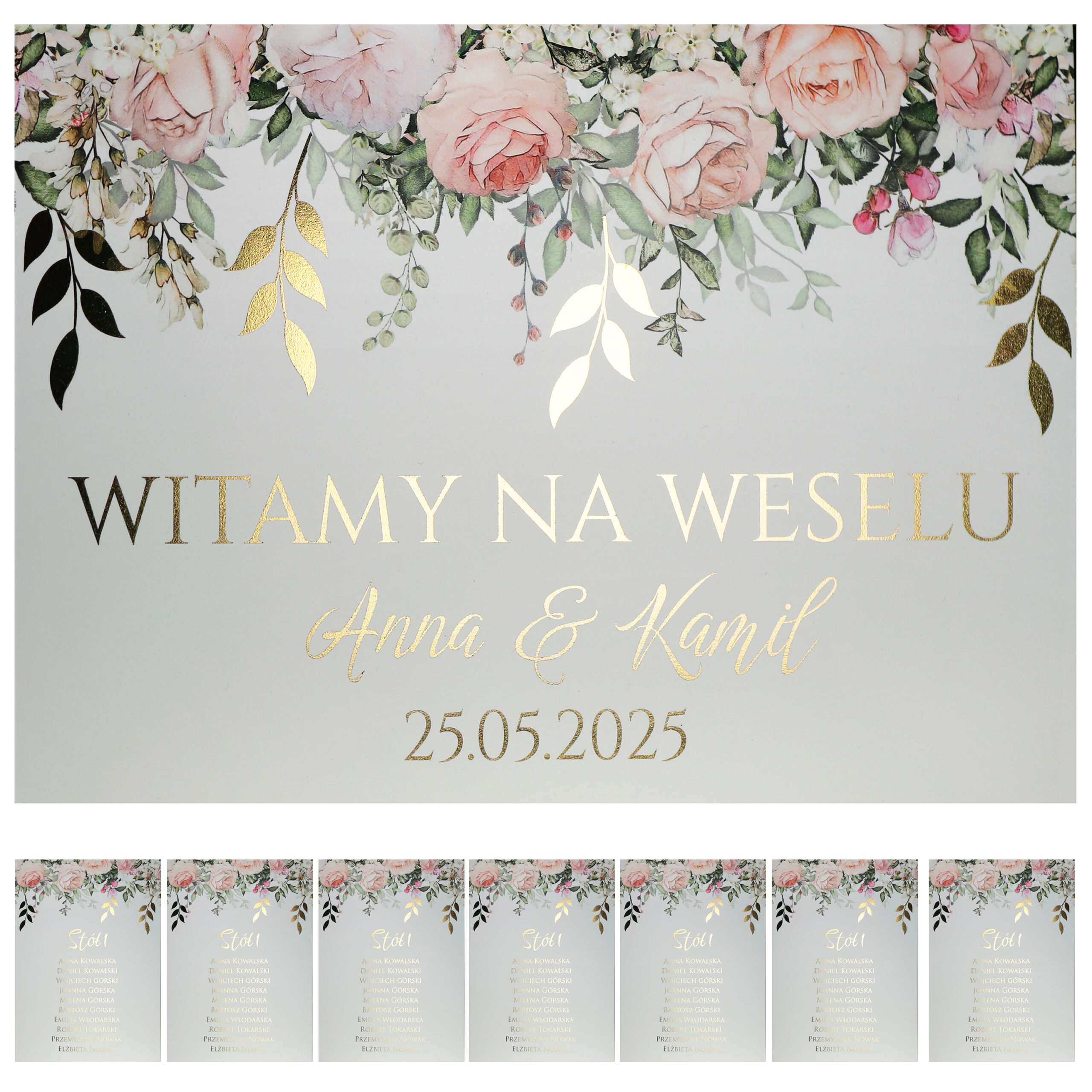 KARTA_wzór-nr-3_POP Karty A4 z usadzeniem gości złocone liście z różami Elza8 8szt. - obrazek 1