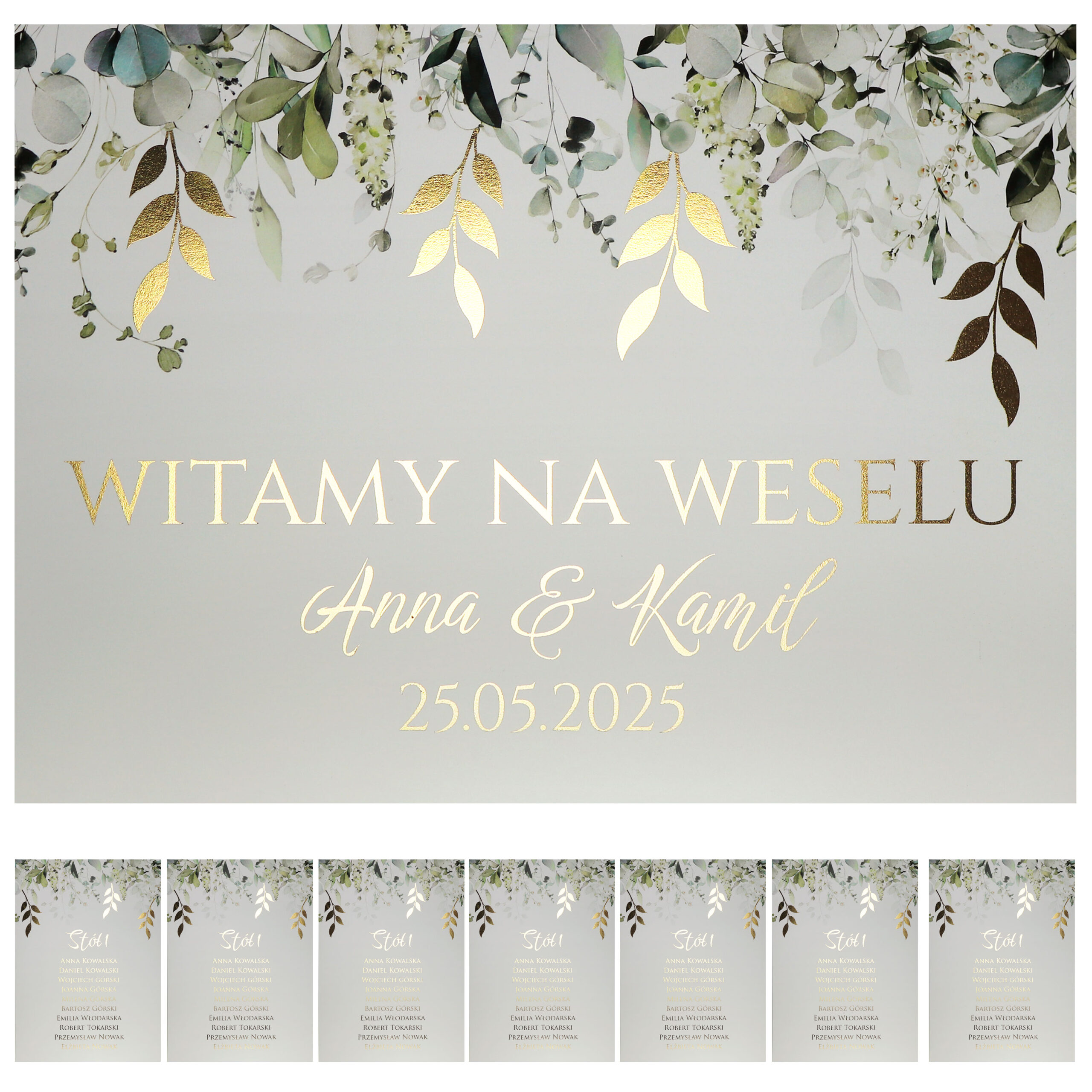 KARTA_wzór-nr-4_POP Karty A4 z usadzeniem gości złocone liście zielone 8szt. Elza7 - obrazek 1