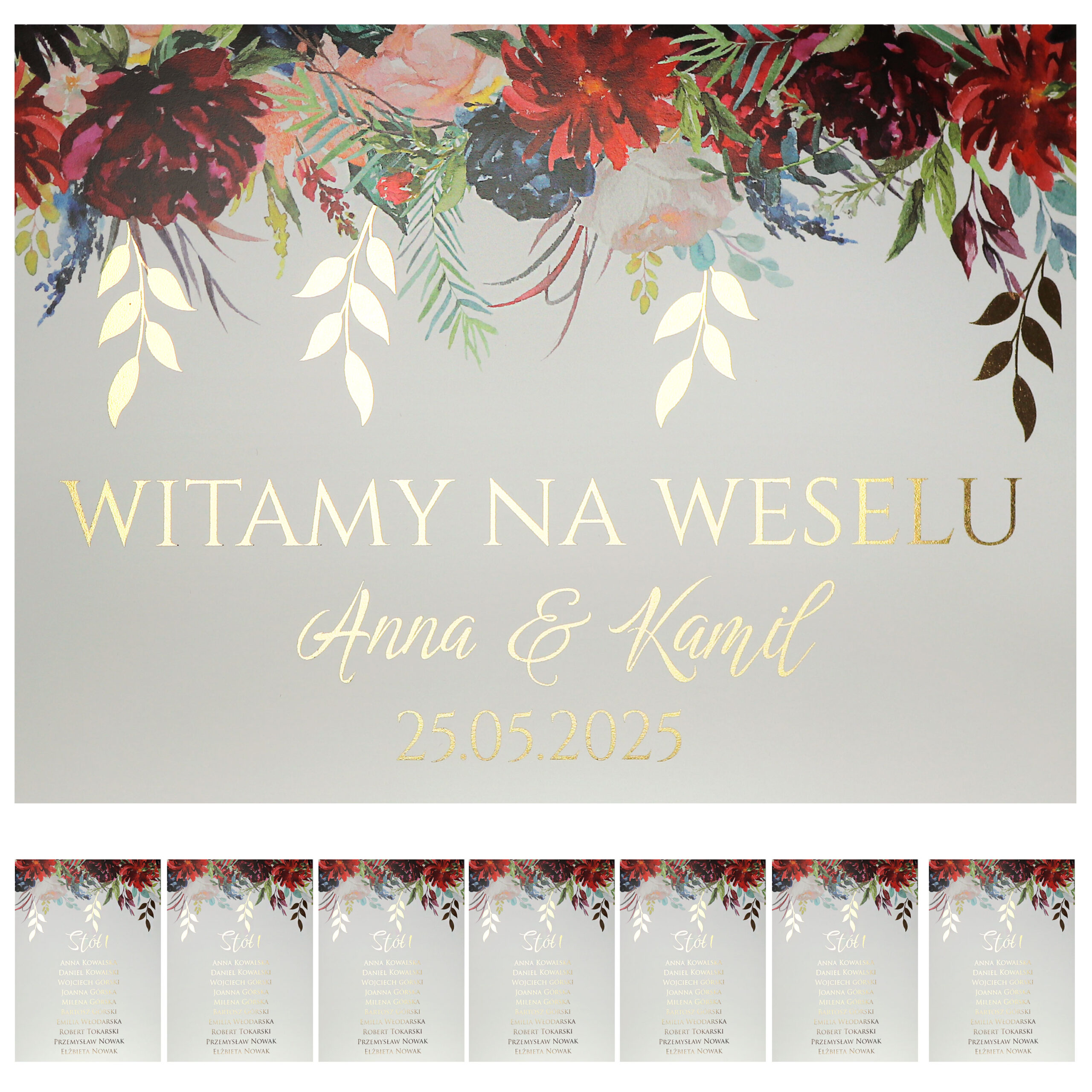 KARTA_wzór-nr-6_POP Karty A5 z usadzeniem gości złocone liście Elza5 8szt. - obrazek 1