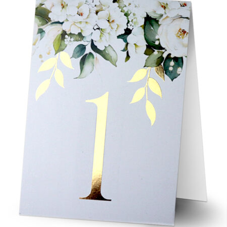Numerki na stół złocone liście z białymi kwiatami 7 szt.