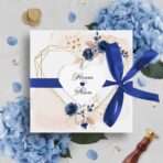 Zaproszenia Ślubne z sercem geometrycznym i wstążką granatowe