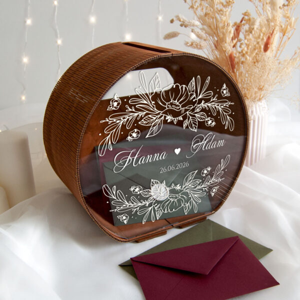 drewniana skrzynka pudełko na koperty z pleksi na froncie - czereśnia antyczna