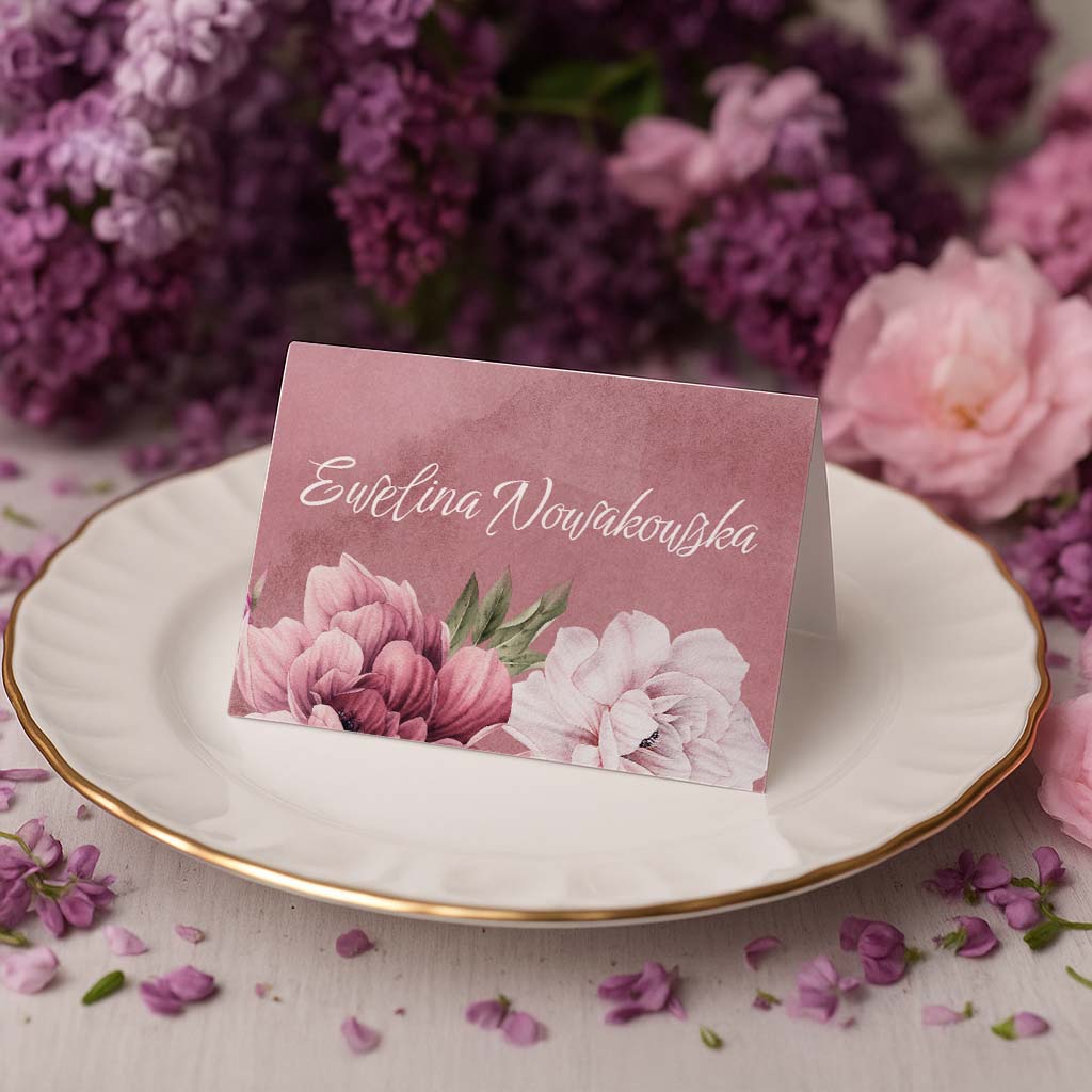 winietki-na-stol-wesele-ciemne-tlo-Irelia-wiz1 Winietki ślubne ciemne tło różowe kwiaty