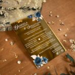 Zaproszenia ślubne lustrzane złoto granatowe kwiaty