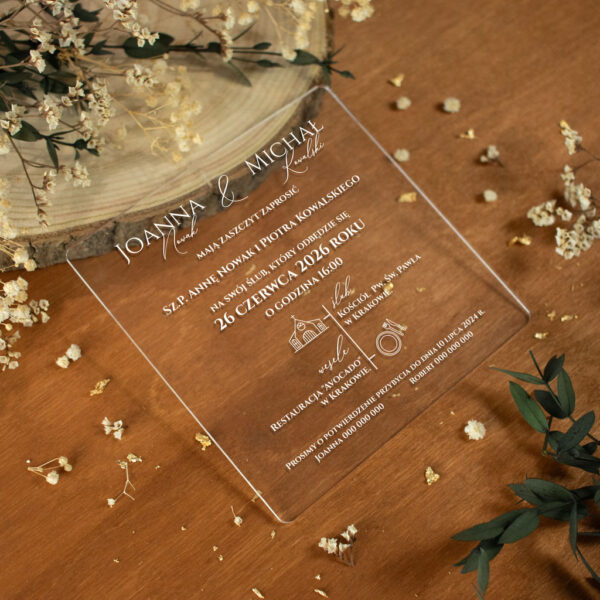 Zaproszenia ślubne kwadratowe na pleksi białe napisy