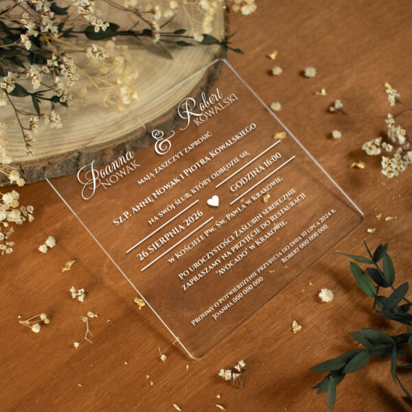 Zaproszenia ślubne kwadratowe na pleksi białe napisy
