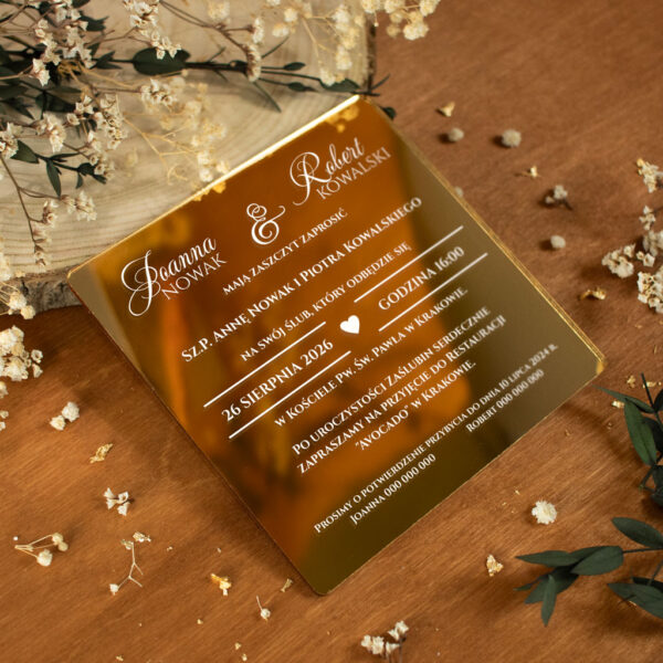 Zaproszenia ślubne kwadratowe na lustrzanej pleksi białe napisy
