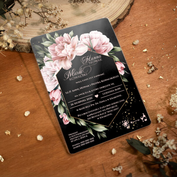 Zaproszenia ślubne na pleksi ciemne tło