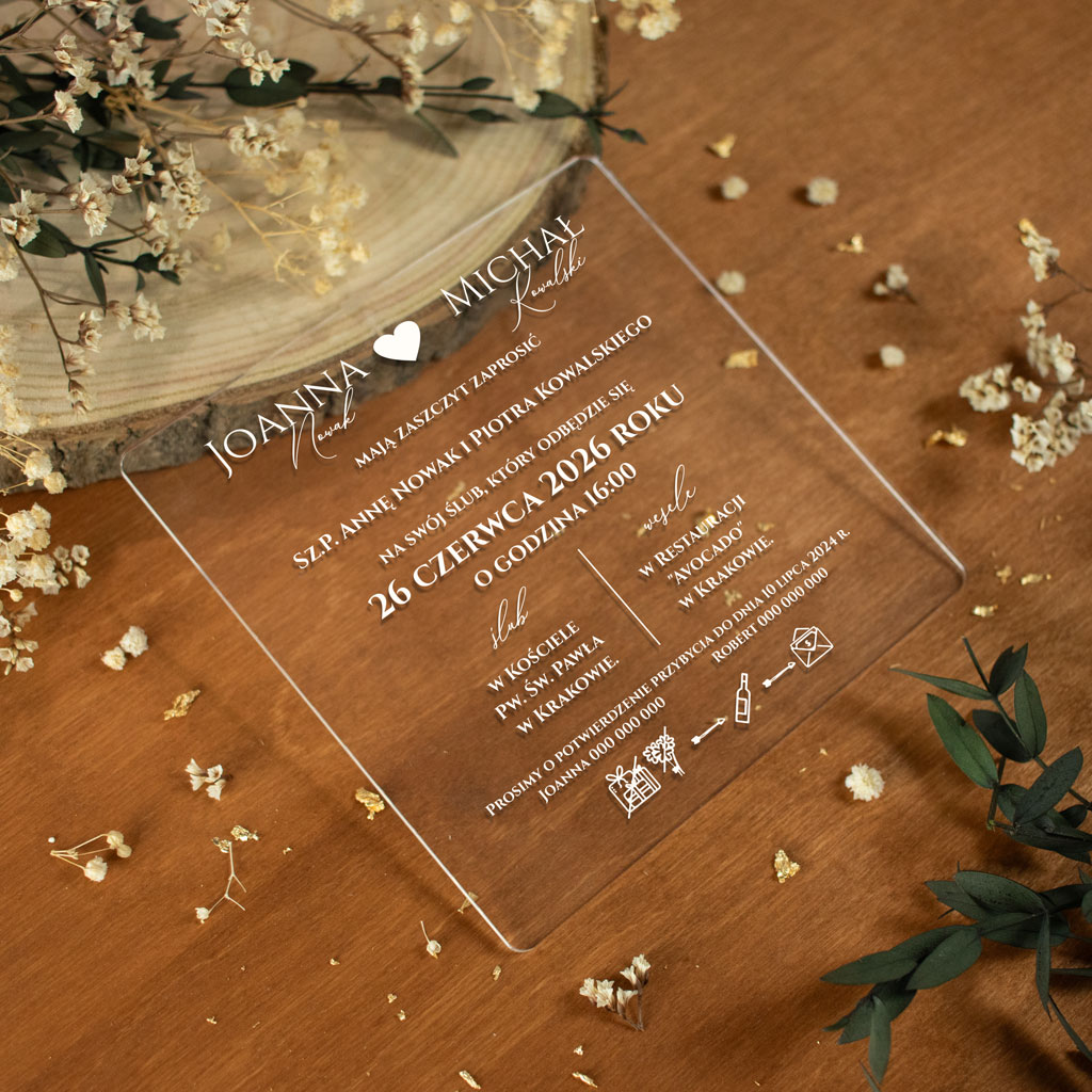 Zaproszenia ślubne kwadratowe na pleksi białe napisy