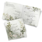 Zaproszenia Ślubne zielone tło białe kwiaty