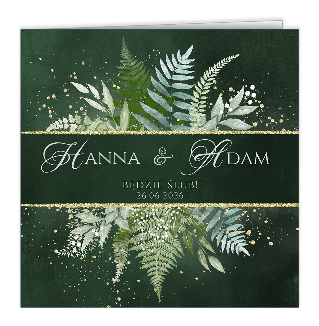 zaproszenia-slubne-zielone-zlote-paprocie-wizFRONT Zaproszenia Ślubne zielone tło paprocie