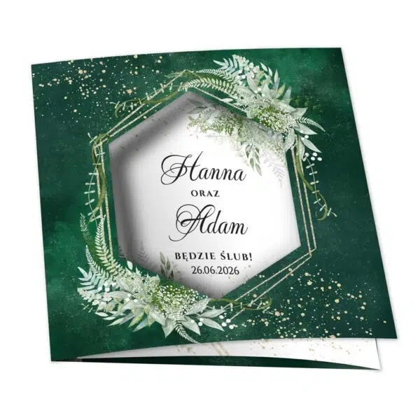 Zaproszenia ślubne składane na 3 ciemne tło zielone
