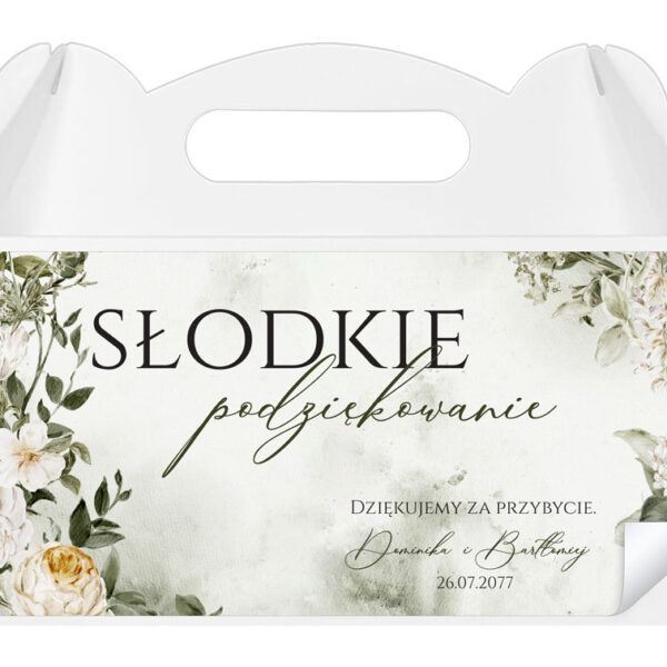 Naklejki na pudełka na ciasto weselne zielone białe kwiaty