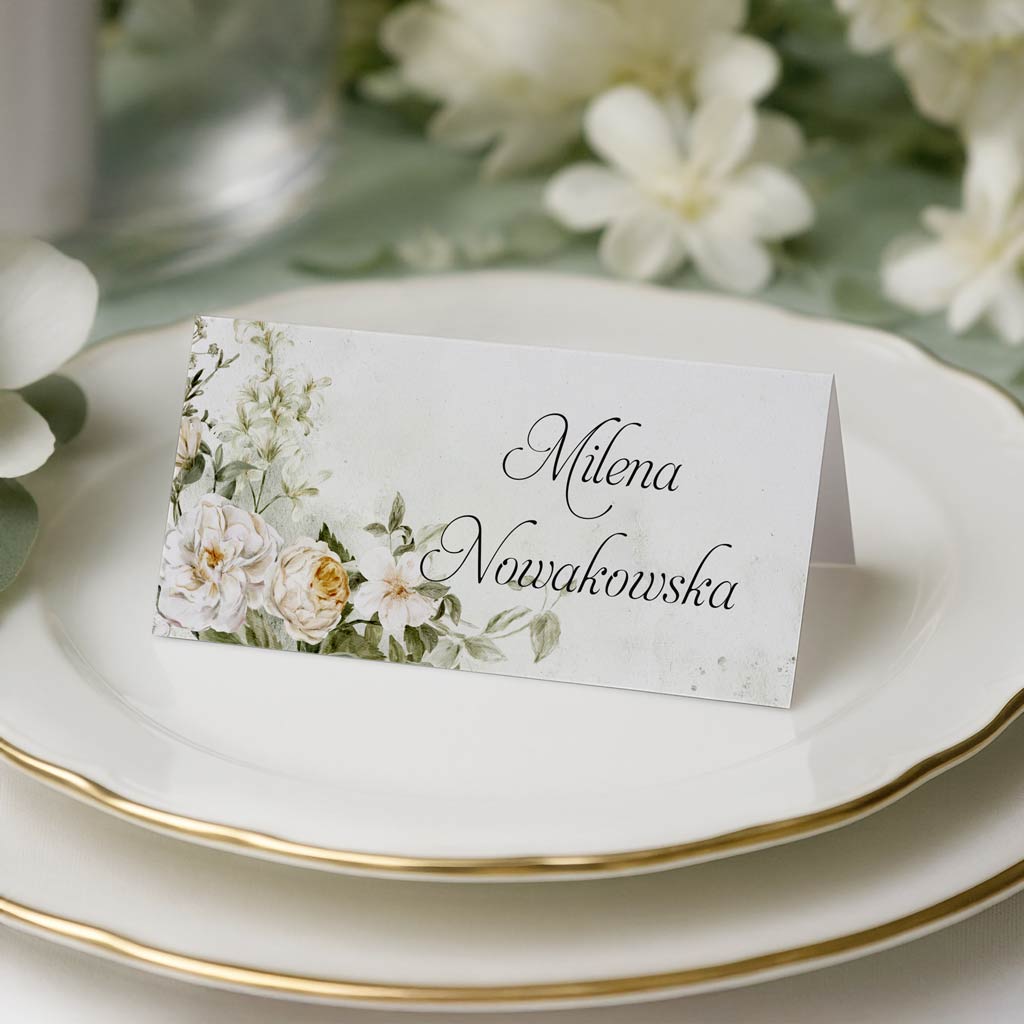 winietki-na-stol-wesele-boho-zielone-biale-kwiaty-Eliza-wizFRONT winietki na stół boho białe kwiaty zielone tło