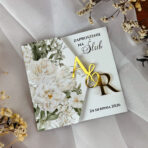 Zaproszenia ślubne białe kwiaty złote lustrzane inicjały