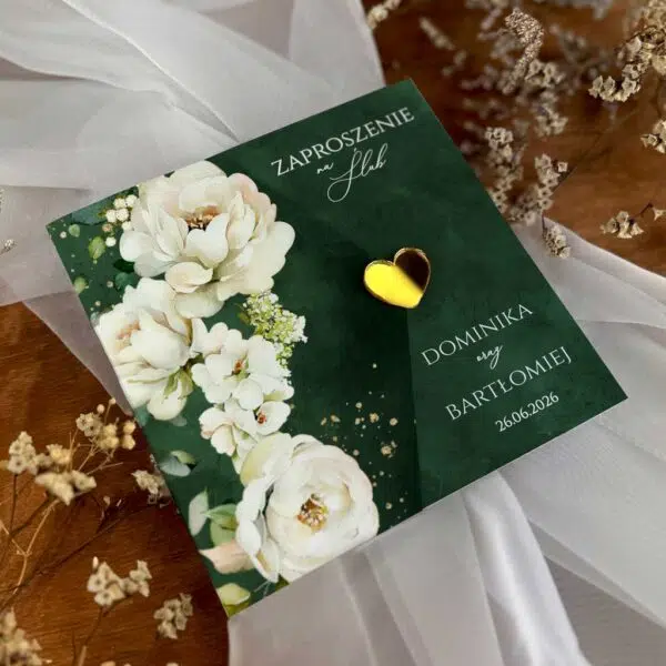 Zaproszenia ślubne różowe lustrzane złote serduszko