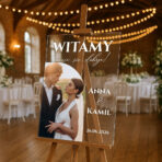 przezroczysta akrylowa tablica powitalna ze zdjęciem na wesele