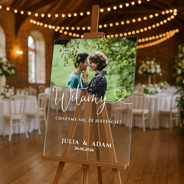 przezroczysta akrylowa tablica powitalna ze zdjęciem na wesele
