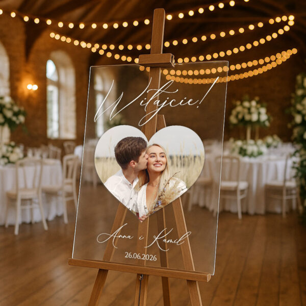 przezroczysta akrylowa tablica powitalna ze zdjęciem na wesele