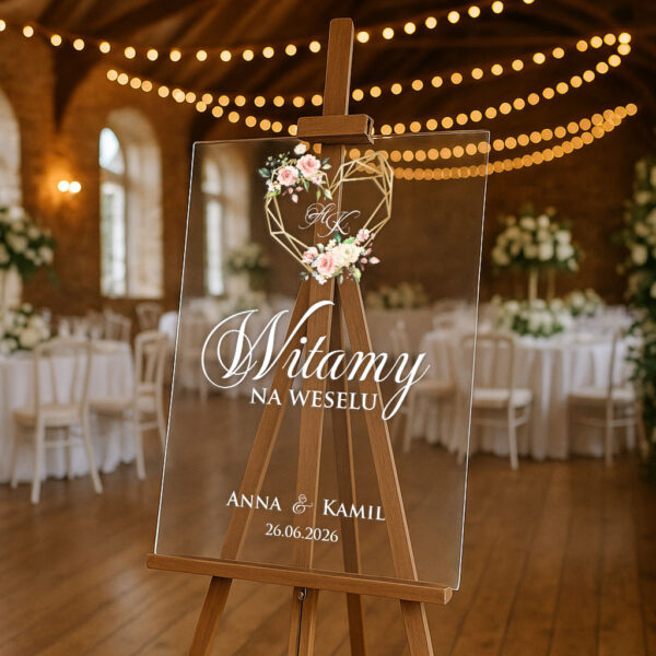 przezroczysta akrylowa tablica powitalna na wesele