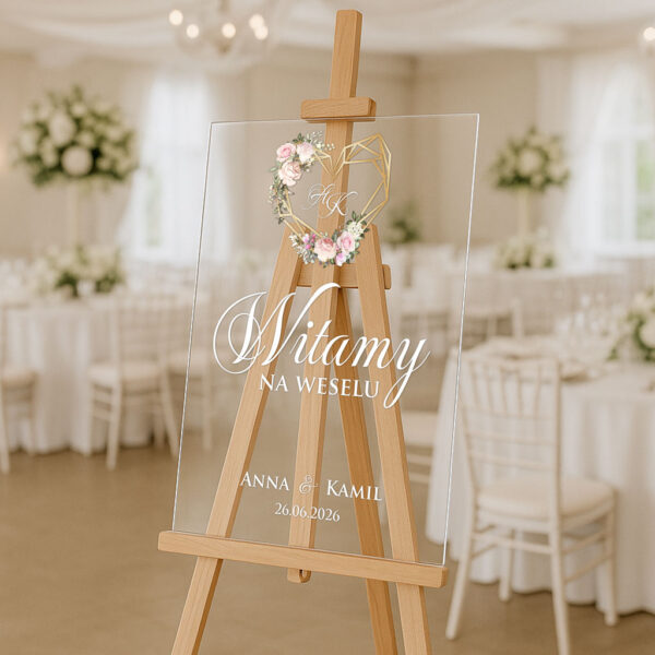 przezroczysta akrylowa tablica powitalna na wesele