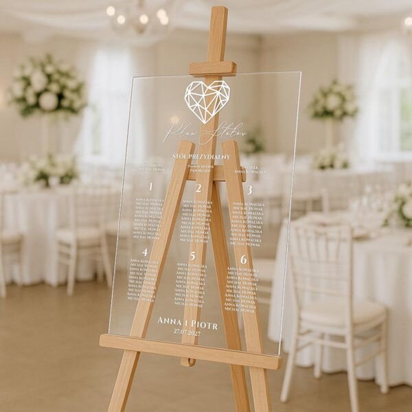 przezroczysta akrylowa tablica z planem stołów na wesele usadzenie gości weselnych