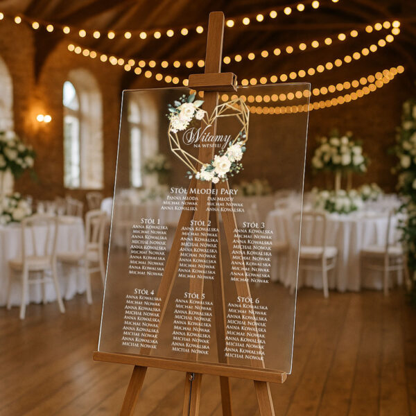 przezroczysta akrylowa tablica z planem stołów na wesele usadzenie gości weselnych
