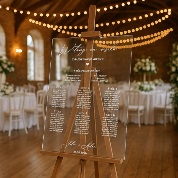 przezroczysta akrylowa tablica powitalna na wesele