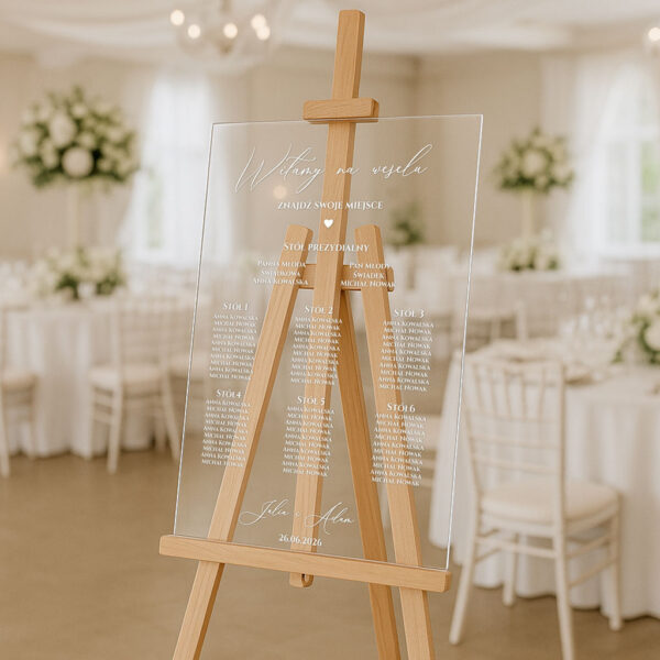 przezroczysta akrylowa tablica powitalna na wesele