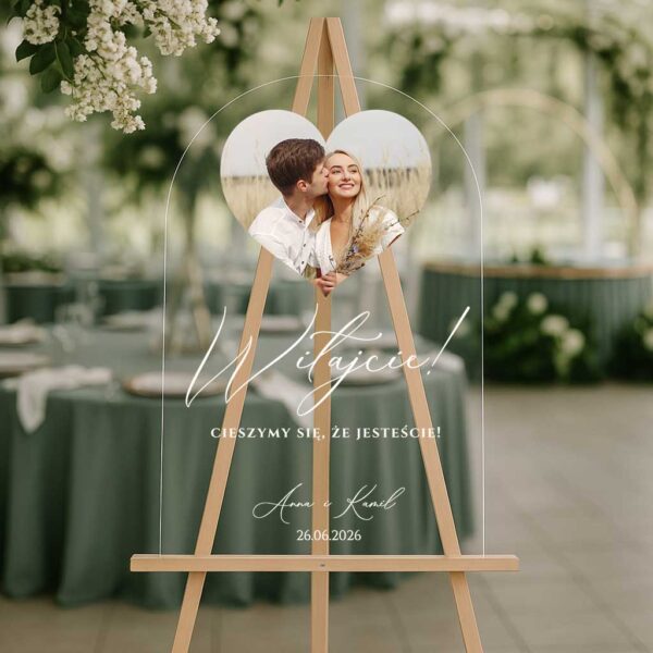 Akrylowa tablica powitalna ze zdjęciem wesele łuk
