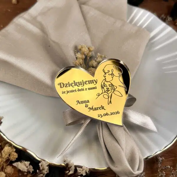 Magnesy lustrzane grawerowane w kształcie serca wesele ślub