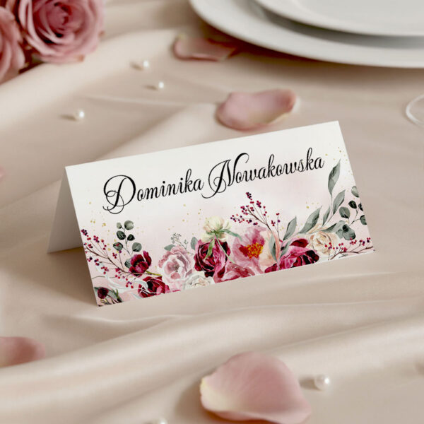 winietki ślubne na stół bordowe kwiaty