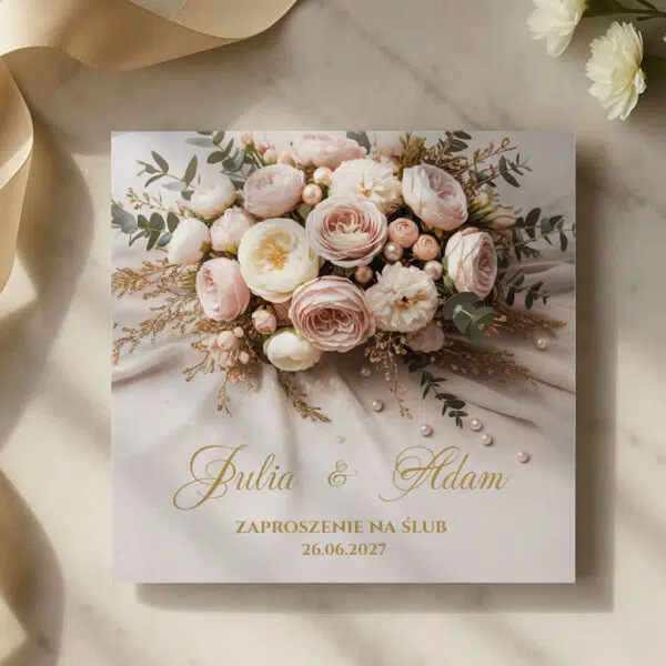 zaproszenia ślubne bukiet różowe kwiaty