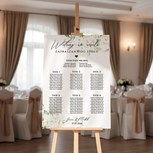 Tablica z usadzeniem gości wesele. Plan stołów